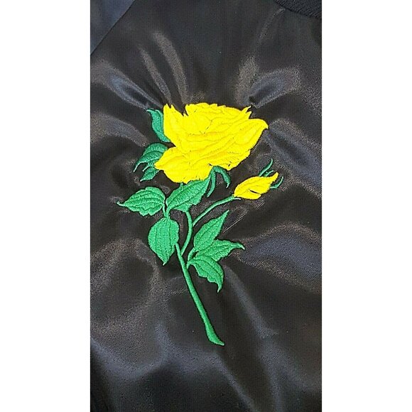 Womens Satin Bomber Windbreaker Jacket M Embroidered Black Flannel Lined USA - Picture 9 of 9